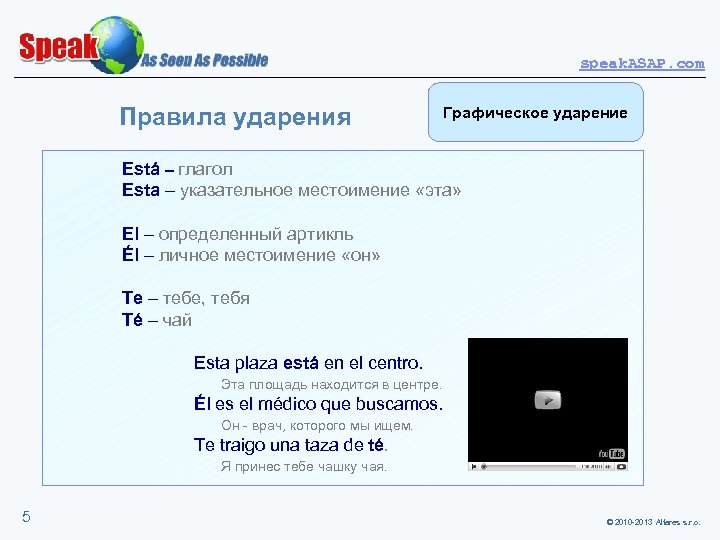 speak. ASAP. com Правила ударения Графическое ударение Está – глагол Esta – указательное местоимение