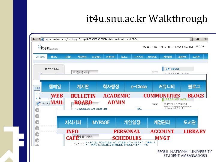 it 4 u. snu. ac. kr Walkthrough WEB MAIL BULLETIN BOARD INFO CAFÉ ACADEMIC