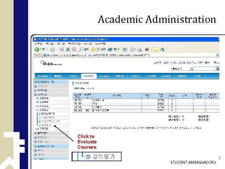 Academic Administration Click to Evaluate Courses STUDENT AMBASSADORS 