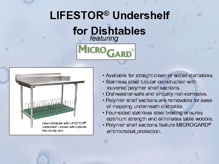 LIFESTOR® Undershelf for Dishtables featuring clean dishtable with LIFESTOR® undershelf – shown with optional