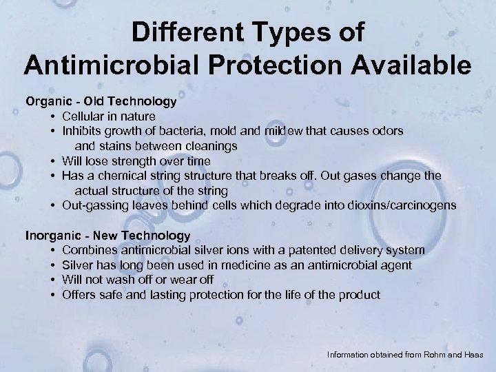 Different Types of Antimicrobial Protection Available Organic - Old Technology • Cellular in nature