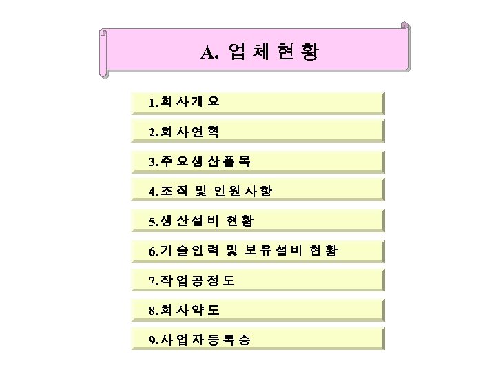 A. 업 체 현 황 1. 회 사 개 요 2. 회 사 연