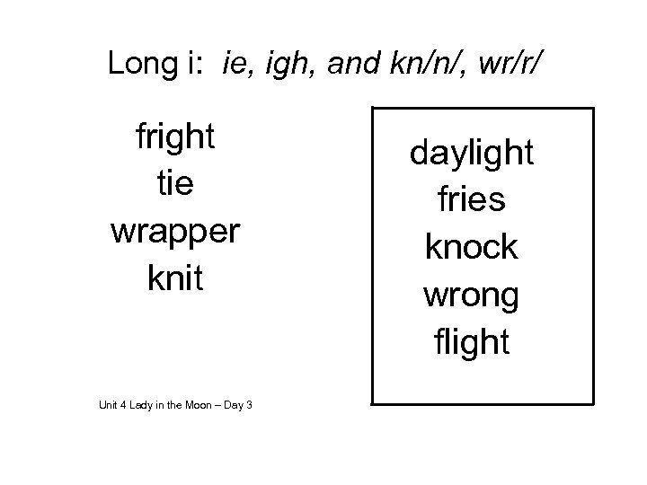 Long i: ie, igh, and kn/n/, wr/r/ fright tie wrapper knit Unit 4 Lady