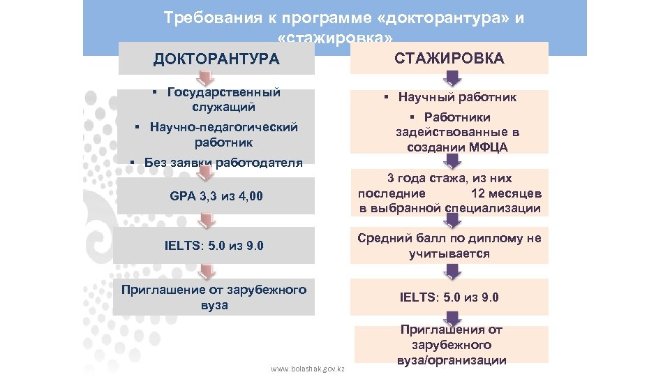 Требования к программе «докторантура» и «стажировка» ДОКТОРАНТУРА СТАЖИРОВКА § Государственный служащий § Научный работник