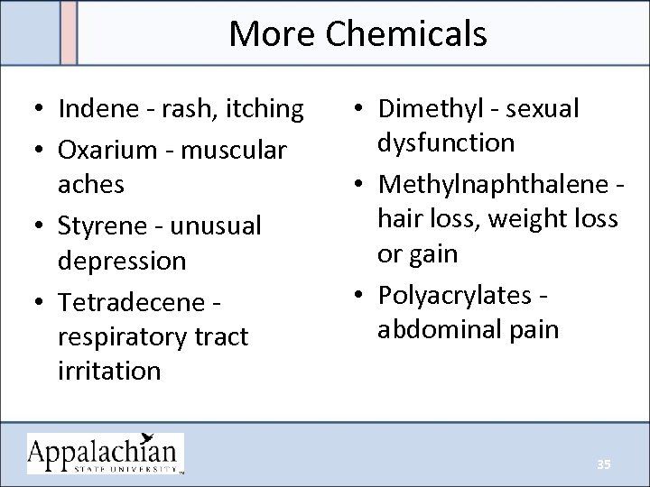 More Chemicals • Indene - rash, itching • Oxarium - muscular aches • Styrene