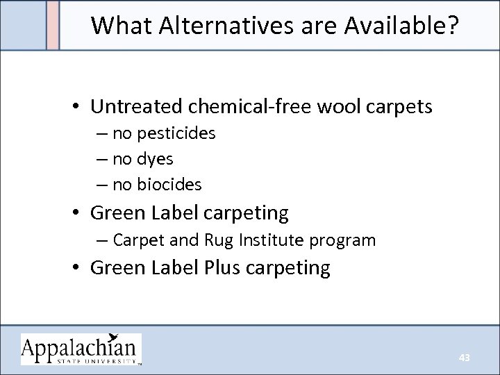 What Alternatives are Available? • Untreated chemical-free wool carpets – no pesticides – no