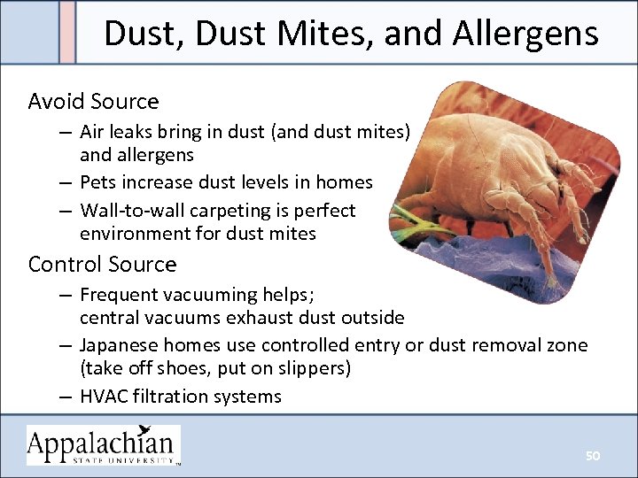 Dust, Dust Mites, and Allergens Avoid Source – Air leaks bring in dust (and