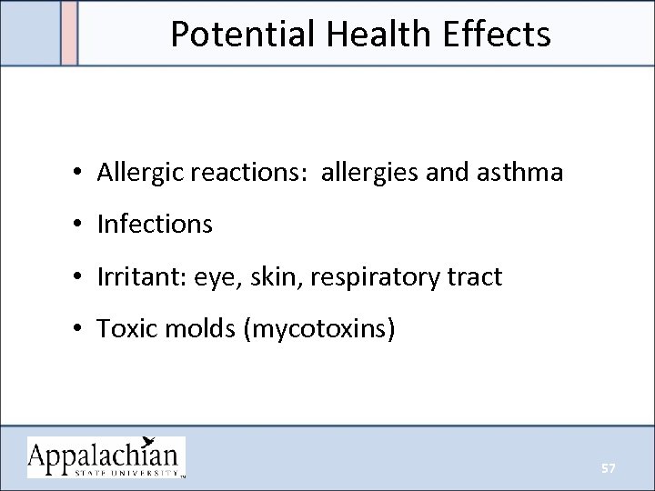 Potential Health Effects • Allergic reactions: allergies and asthma • Infections • Irritant: eye,