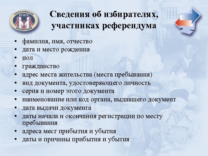 Сведения об избирателях, участниках референдума • • • фамилия, имя, отчество дата и место