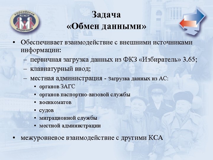 Задача «Обмен данными» • Обеспечивает взаимодействие с внешними источниками информации: – первичная загрузка данных