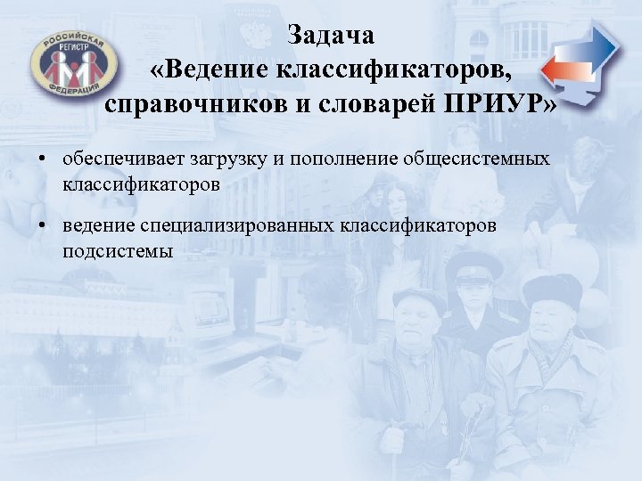 Задача «Ведение классификаторов, справочников и словарей ПРИУР» • обеспечивает загрузку и пополнение общесистемных классификаторов