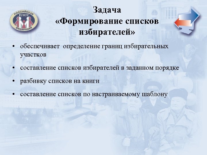 Задача «Формирование списков избирателей» • обеспечивает определение границ избирательных участков • составление списков избирателей