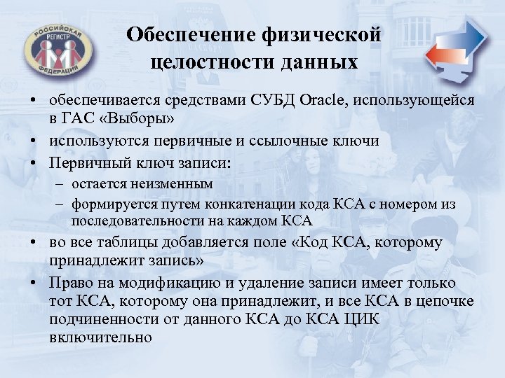 Обеспечение физической целостности данных • обеспечивается средствами СУБД Oracle, использующейся в ГАС «Выборы» •