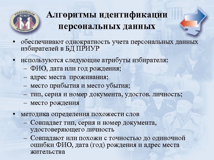 Алгоритмы идентификации персональных данных • обеспечивают однократность учета персональных данных избирателей в БД ПРИУР