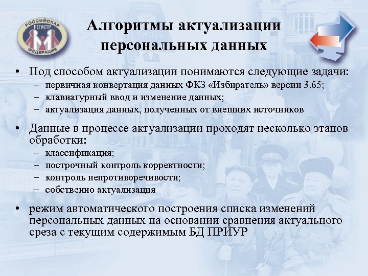 Алгоритмы актуализации персональных данных • Под способом актуализации понимаются следующие задачи: – первичная конвертация