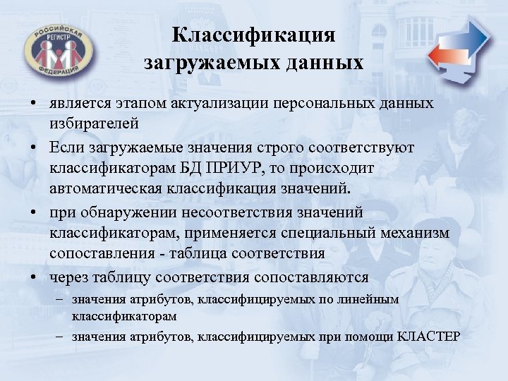Классификация загружаемых данных • является этапом актуализации персональных данных избирателей • Если загружаемые значения