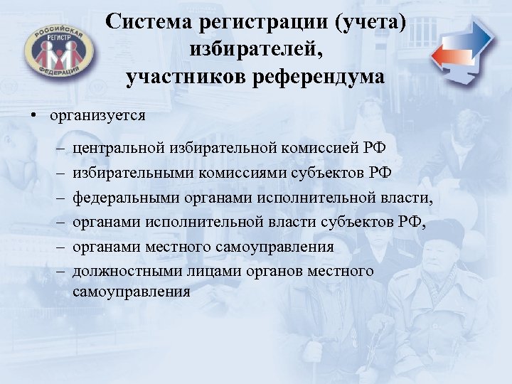 Система регистрации (учета) избирателей, участников референдума • организуется – – – центральной избирательной комиссией