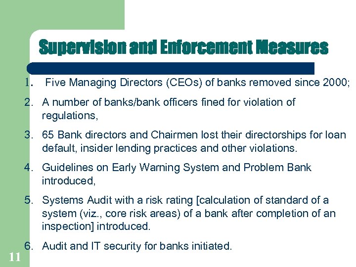 Supervision and Enforcement Measures 1. Five Managing Directors (CEOs) of banks removed since 2000;