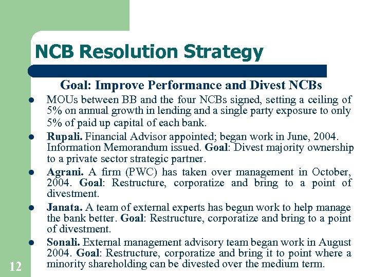 NCB Resolution Strategy Goal: Improve Performance and Divest NCBs l l l 12 MOUs