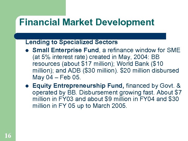 Financial Market Development Lending to Specialized Sectors l Small Enterprise Fund, a refinance window