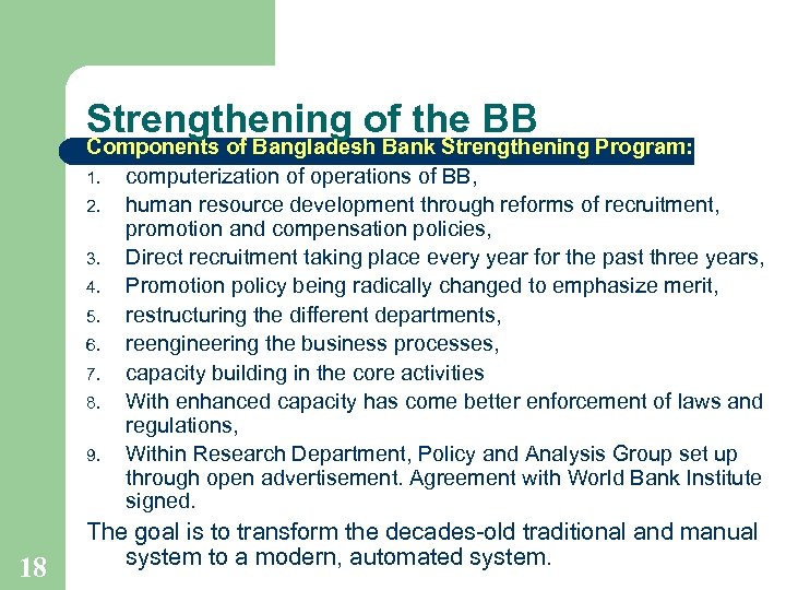 Strengthening of the BB Components of Bangladesh Bank Strengthening Program: 1. computerization of operations