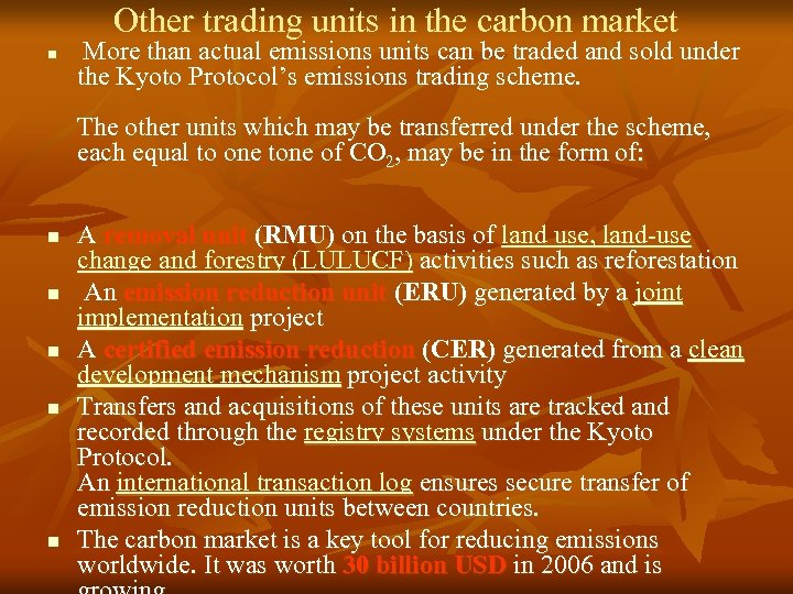 Other trading units in the carbon market n More than actual emissions units can
