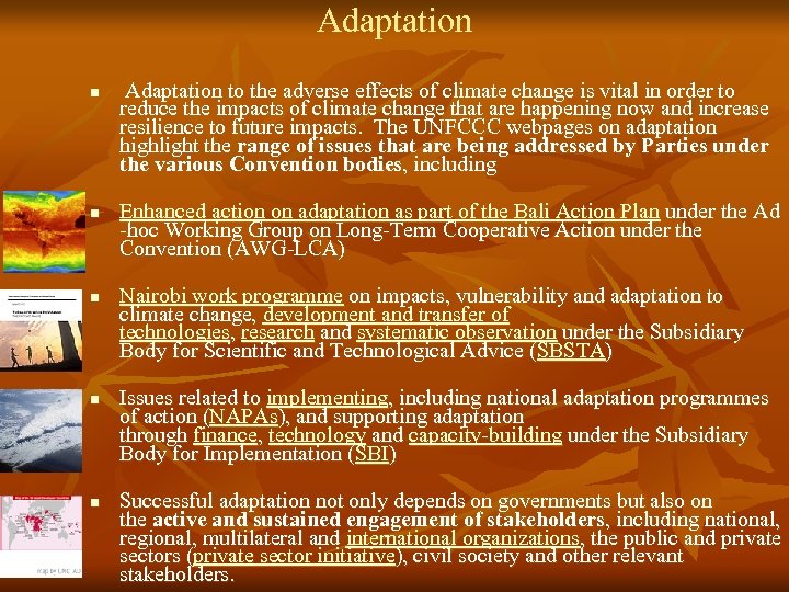 Adaptation n n Adaptation to the adverse effects of climate change is vital in