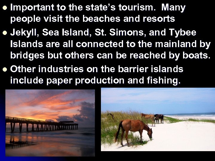 Important to the state’s tourism. Many people visit the beaches and resorts l Jekyll,