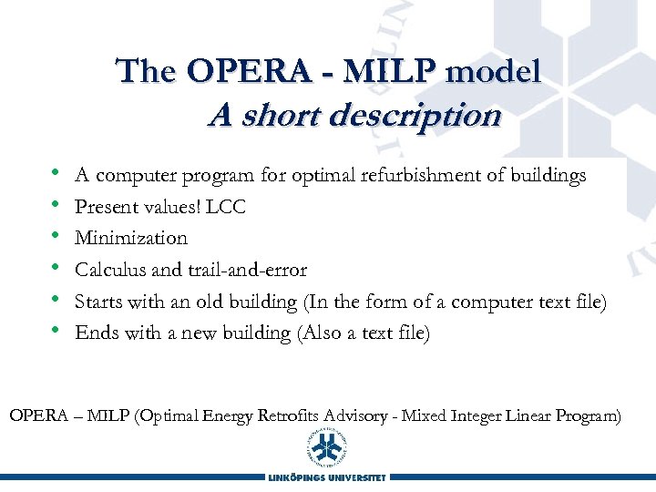 The OPERA - MILP model A short description • • • A computer program