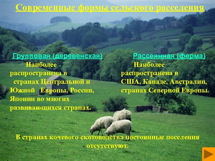 Современные формы сельского расселения Групповая (деревенская) Наиболее распространена в странах Центральной и Южной Европы,
