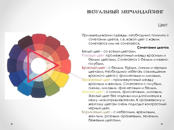  ВИЗУАЛЬНЫЙ МЕРЧАНДАЙЗИНГ Цвет При вывешивании одежды, необходимо помнить о сочетании цветов, т. е.