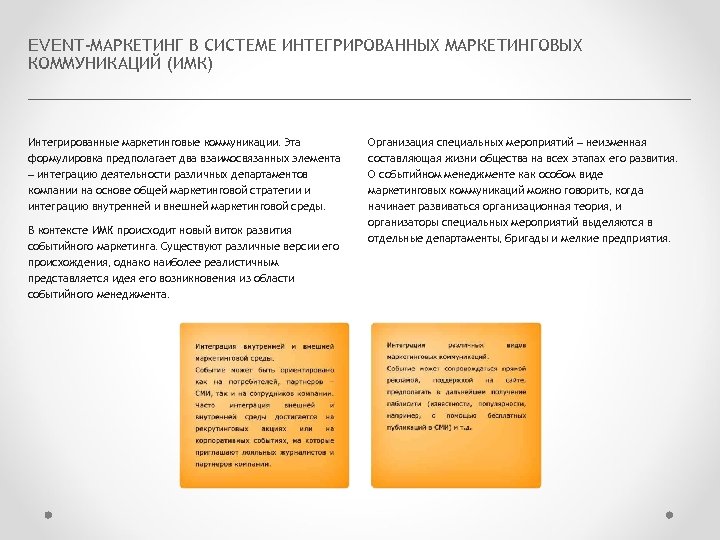 EVENT-МАРКЕТИНГ В СИСТЕМЕ ИНТЕГРИРОВАННЫХ МАРКЕТИНГОВЫХ КОММУНИКАЦИЙ (ИМК) Интегрированные маркетинговые коммуникации. Эта формулировка предполагает два