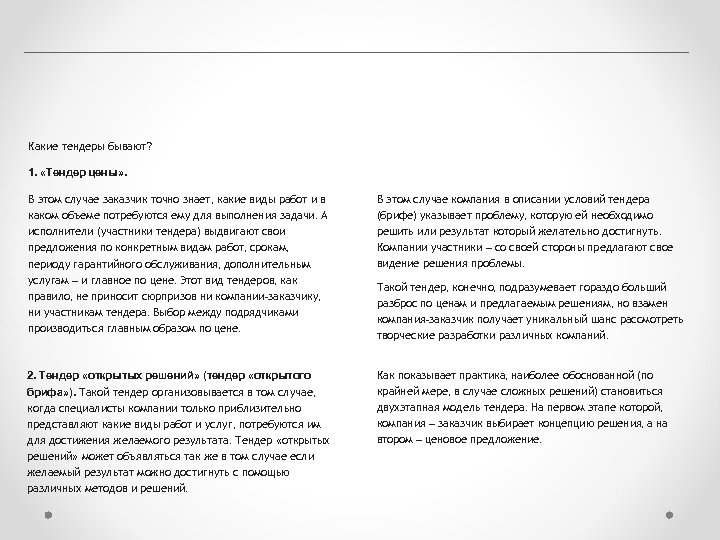 Какие тендеры бывают? 1. «Тендер цены» . В этом случае заказчик точно знает, какие