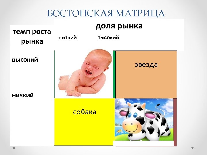 БОСТОНСКАЯ МАТРИЦА доля рынка темп роста рынка высокий низкий высокий ? звезда низкий собака