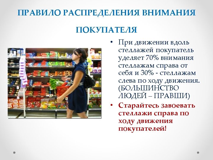 ПРАВИЛО РАСПРЕДЕЛЕНИЯ ВНИМАНИЯ ПОКУПАТЕЛЯ • При движении вдоль стеллажей покупатель уделяет 70% внимания стеллажам