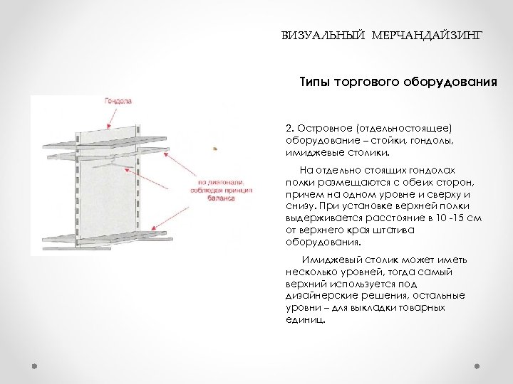  ВИЗУАЛЬНЫЙ МЕРЧАНДАЙЗИНГ Типы торгового оборудования 2. Островное (отдельностоящее) оборудование – стойки, гондолы, имиджевые