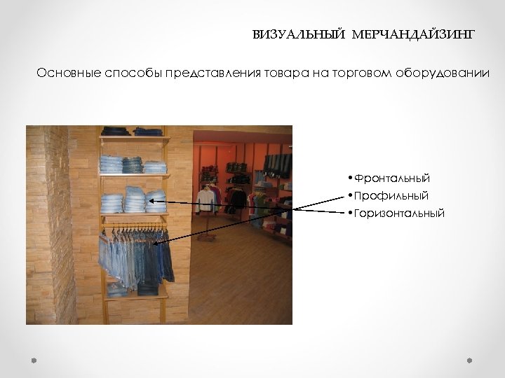  ВИЗУАЛЬНЫЙ МЕРЧАНДАЙЗИНГ Основные способы представления товара на торговом оборудовании • Фронтальный • Профильный