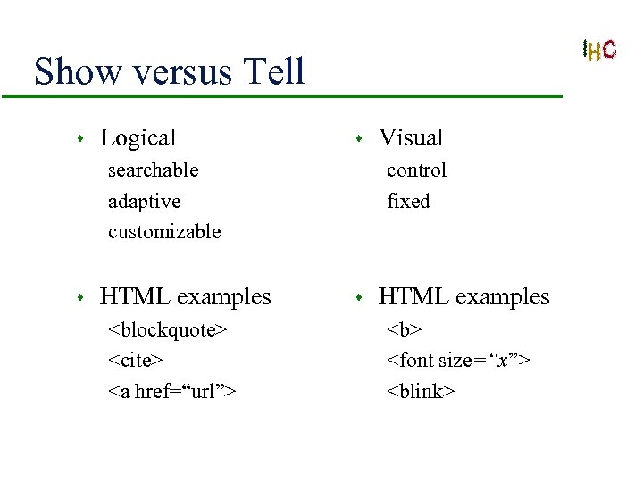 Show versus Tell s Logical s searchable adaptive customizable s HTML examples <blockquote> <cite>