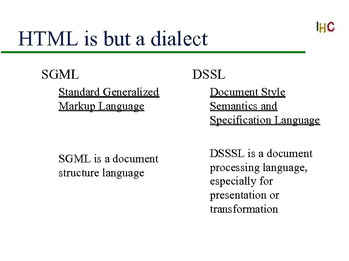 HTML is but a dialect SGML DSSL Standard Generalized Markup Language Document Style Semantics