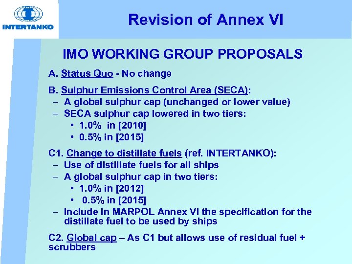 Revision of Annex VI IMO WORKING GROUP PROPOSALS A. Status Quo - No change
