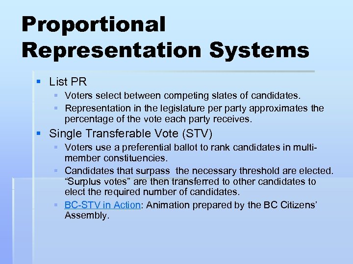 Proportional Representation Systems § List PR § Voters select between competing slates of candidates.