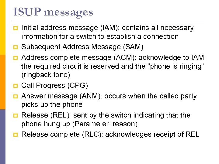 ISUP messages p p p p Initial address message (IAM): contains all necessary information