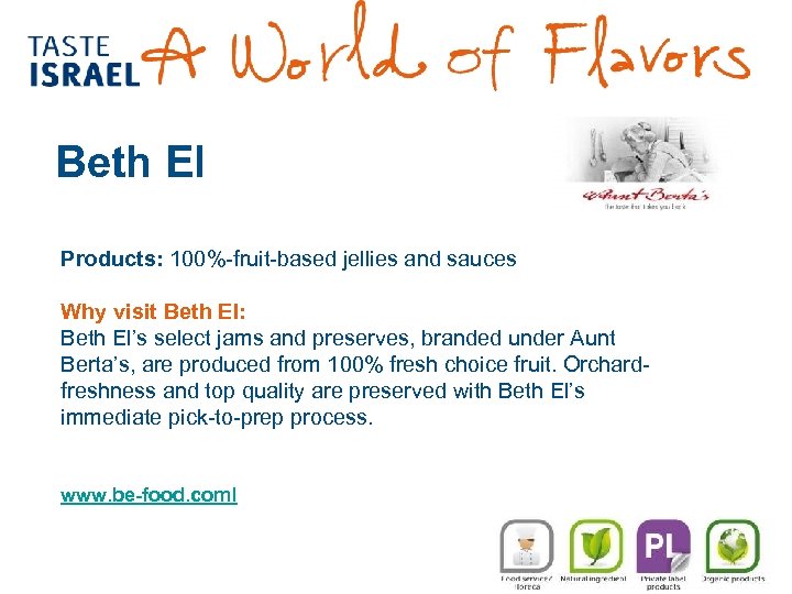Beth El Products: 100%-fruit-based jellies and sauces Why visit Beth El: Beth El’s select