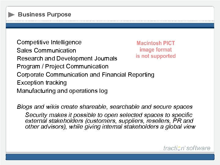 Business Purpose Competitive Intelligence Sales Communication Research and Development Journals Program / Project Communication