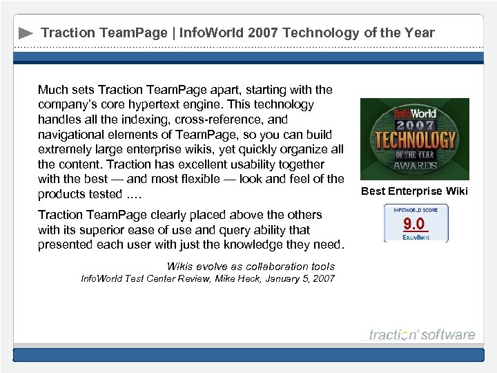 Traction Team. Page | Info. World 2007 Technology of the Year Much sets Traction