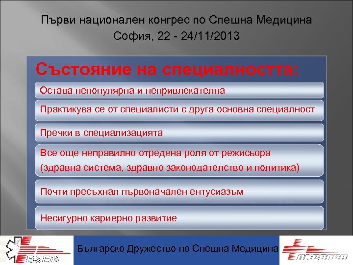 Първи национален конгрес по Спешна Медицина София, 22 - 24/11/2013 Състояние на специалността: Остава