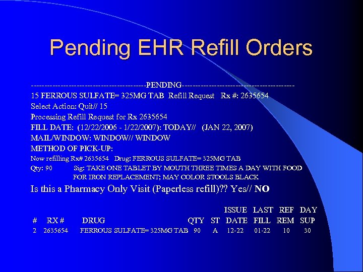 Pending EHR Refill Orders ----------------------PENDING---------------------15 FERROUS SULFATE= 325 MG TAB Refill Request Rx #: