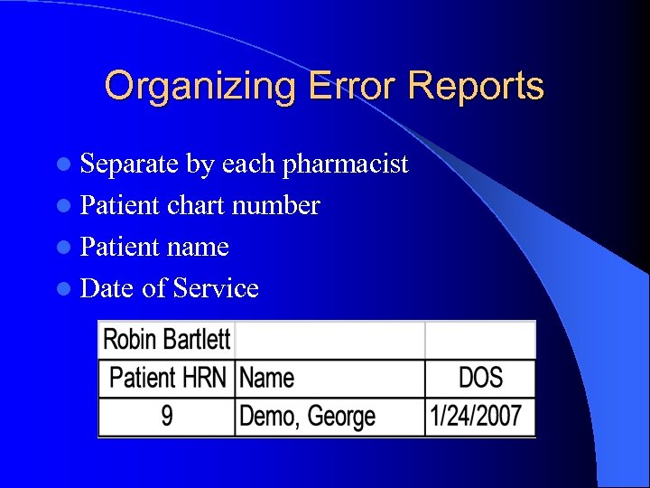 Organizing Error Reports l Separate by each pharmacist l Patient chart number l Patient