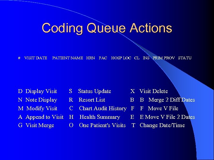 Coding Queue Actions # VISIT DATE PATIENT NAME HRN FAC D N M A