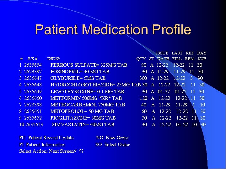 Patient Medication Profile # RX # 1 2635654 2 2623397 3 2635647 4 2635648